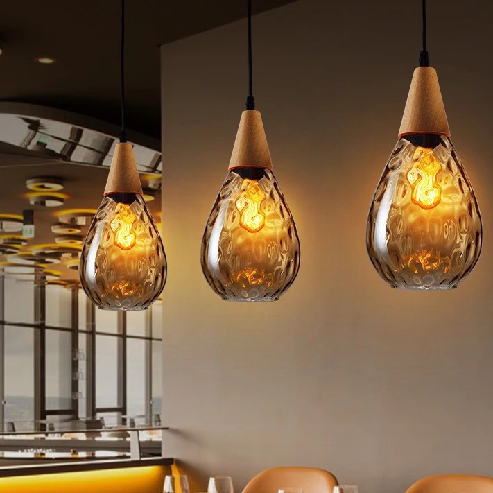 Vintage Teardrop style Pendant Light with Amber Glass