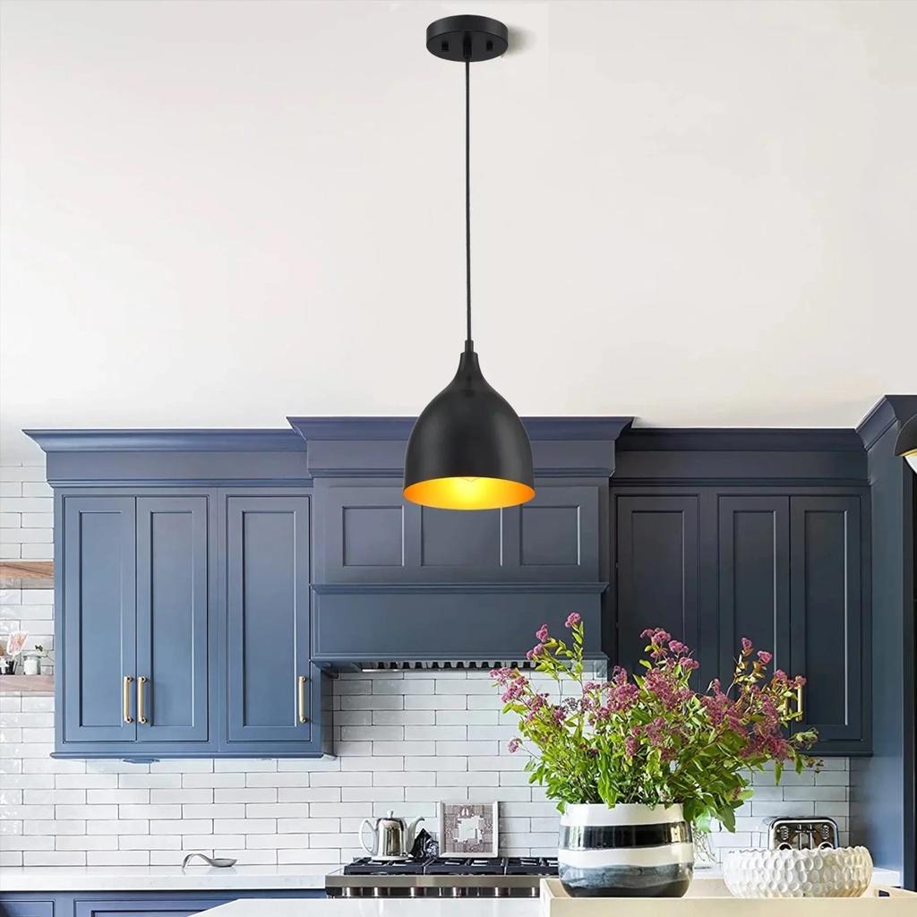 Metal Pendant Light with Dome Lamp Shade- Black