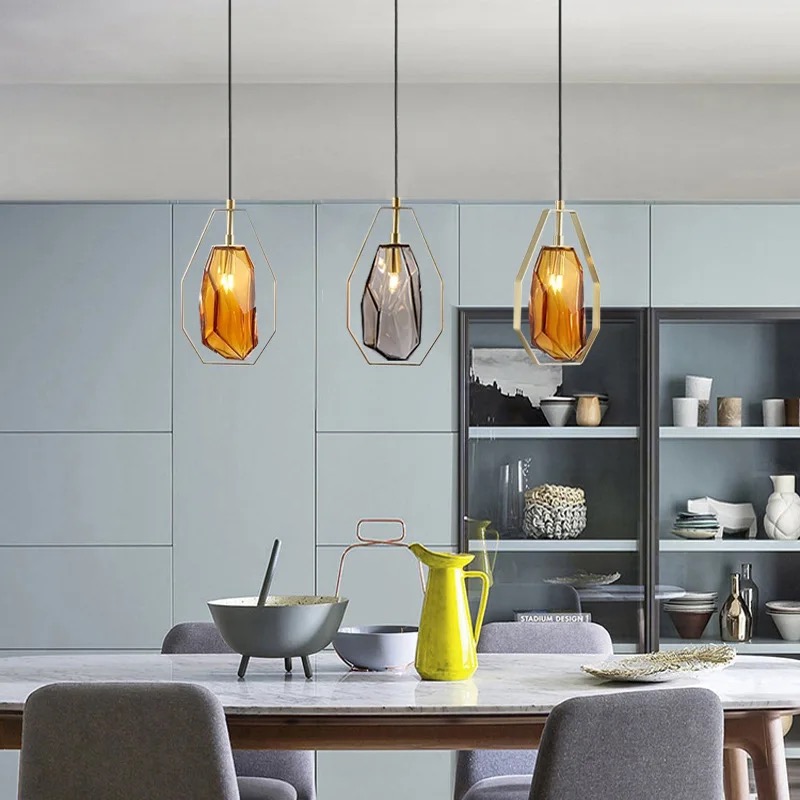 Nordic Style Geometric Crystal Pendant Light with Orange Glass Shade