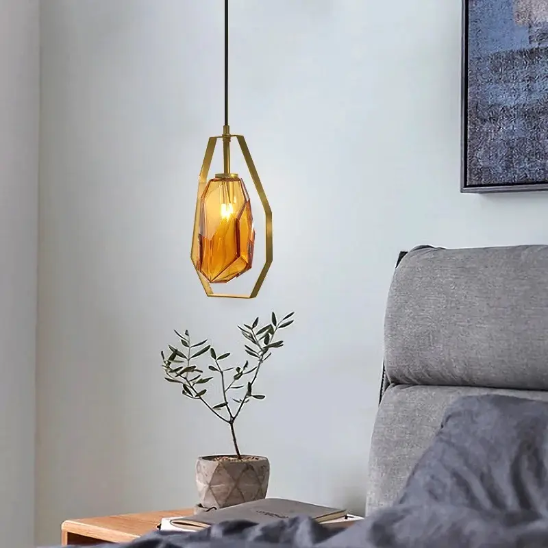 Nordic Style Geometric Crystal Pendant Light with Orange Glass Shade