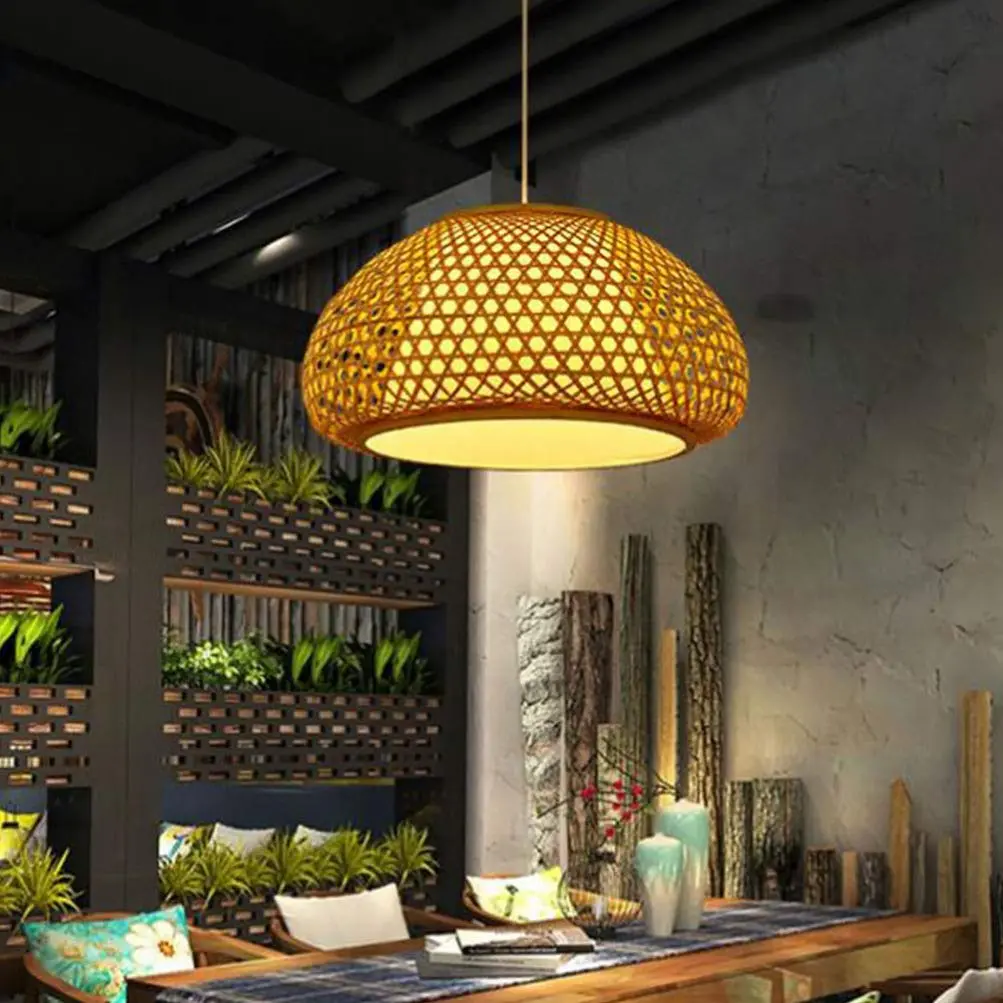 Bamboo Dome Pendant Light with Fabric Lamp Shade