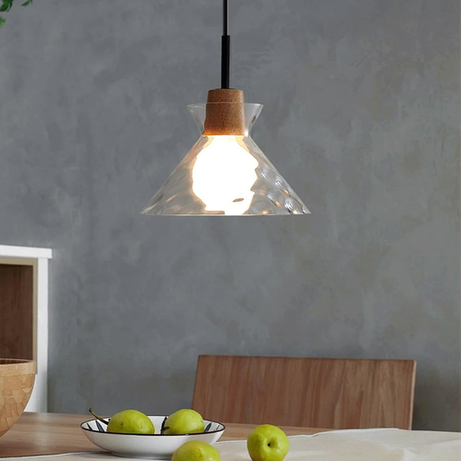 [LH-889] GLASS PENDANT CLEAR CONE WITH WOOD