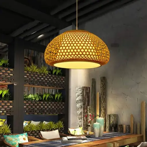 [LH-1089] Bamboo Dome Pendant Light with Fabric Lamp Shade